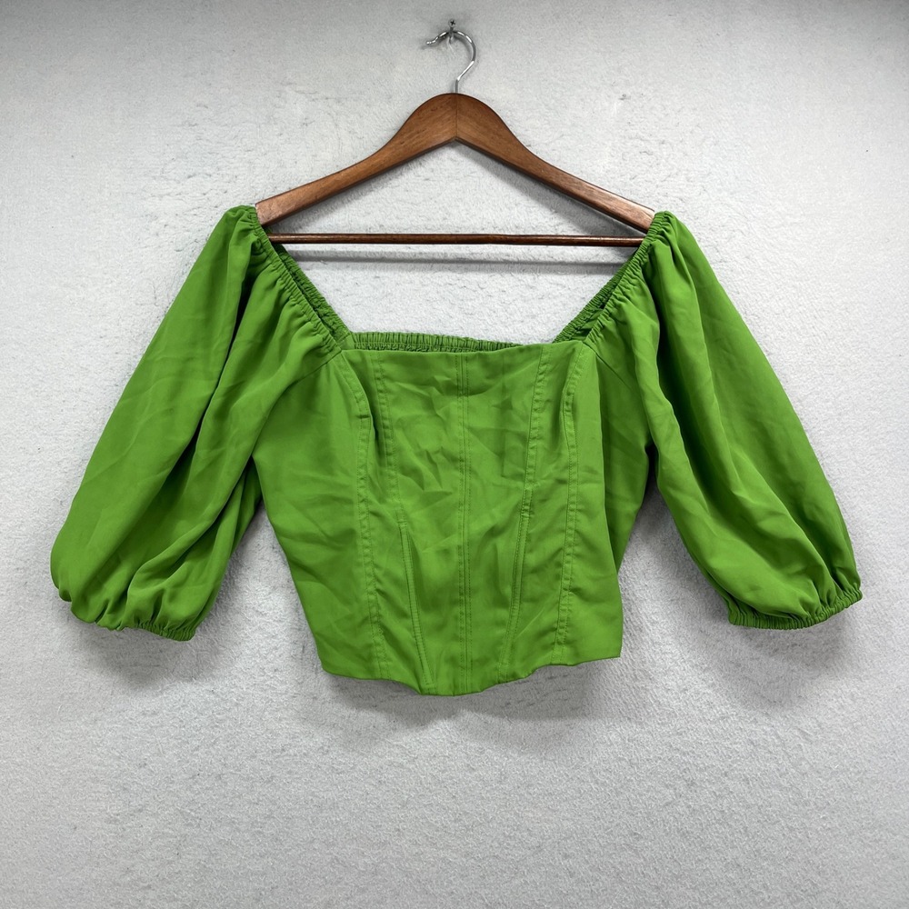 Abercrombie & Fitch Corset Top Womens M Green Puff Sleeve Smocked Back Boho Y2K